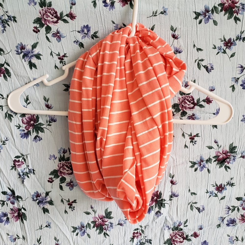 Coral and white striped infinity scarf